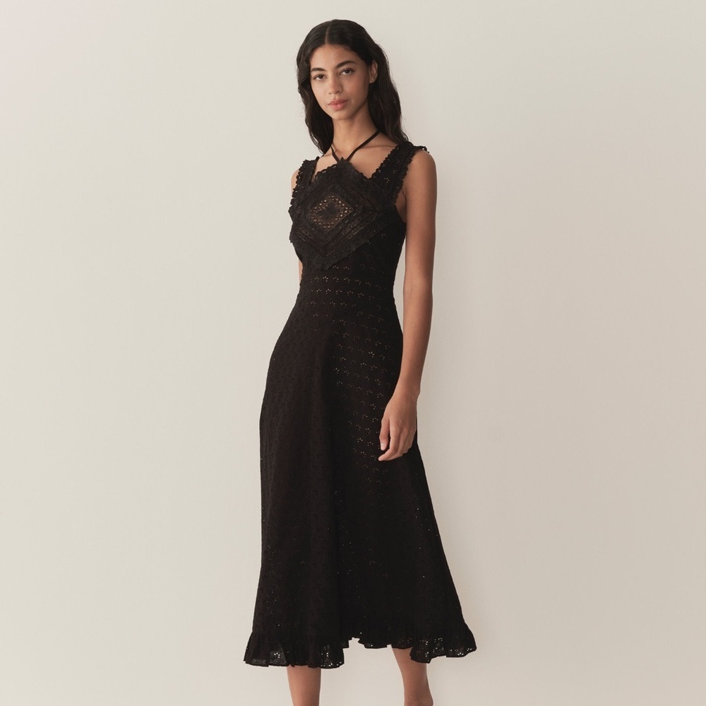 NWT Doen Frieda Cotton Eyelet Ruffle Lace Halter A Line Midi Maxi Dress Black